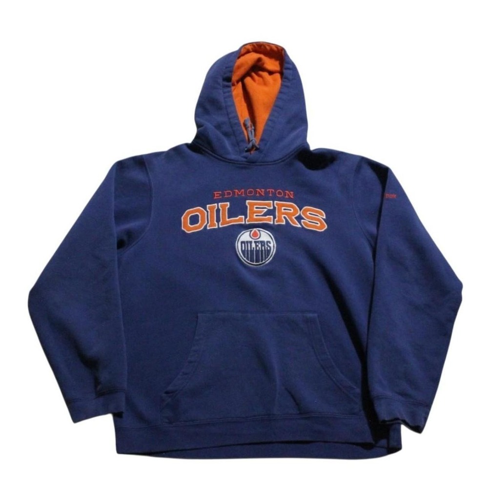 Mens Vintage Y2K Skater Streetwear Edmonton Oilers Reebok Blue Pullover Hoodie